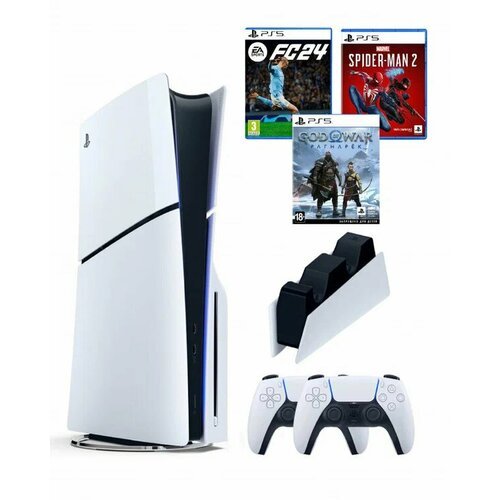 Sony Playstation 5 slim 1 Tb+2-ой геймпад(белый)+зарядное+God of War+Spider Man2+FC24