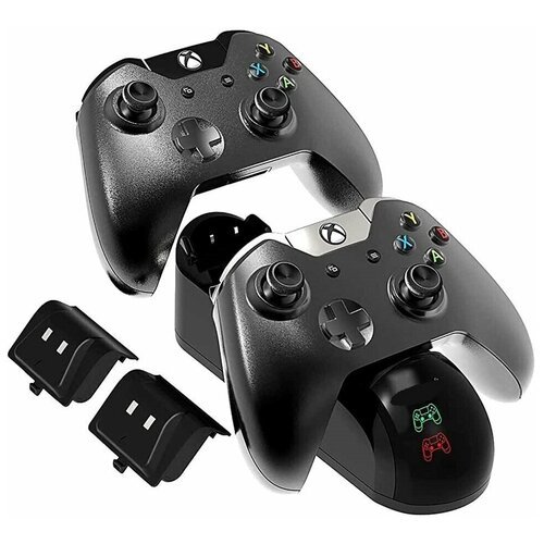 Зарядная станция Stand для 2-х геймпадов (джойстиков) Xbox one со световым индикатором +USB кабель+ 2 аккумулятора 1200mAh, черный цвет