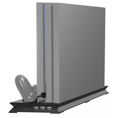 Стенд (подставка) для вертикальной установки консоли PS4 Slim + охлаждение + зарядная станция для 2-х геймпадов, USBx3, черная