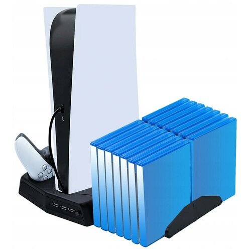 Охлаждающий стенд (подставка) для PS5/PS5 DE с зарядной станцией для 2-х геймпадов и стойкой на 14 дисков (чёрный) (KJH-P5-010-2)