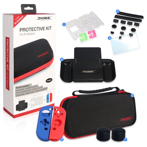 Dobe Комплект аксессуаров Switch Protective Kit для консоли Nintendo Switch (TNS-1749), черный/красный/синий