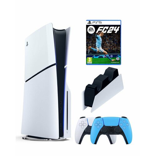 Приставка Sony Playstation 5 slim 1 Tb+2-ой геймпад(голубой)+зарядное+FC24