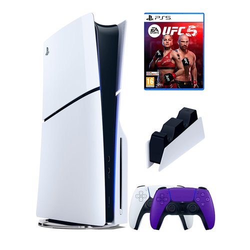 PS5 (ПС5) Игровая приставка Sony PlayStation 5 Slim disc + 2-й геймпад(фиолетовый) + зарядное + игра UFC 5